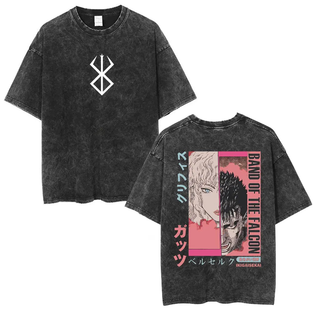 Vintage Washed Anime Berserk Guts T Shirt Swordsman Gatsu Sacrifice Zodd T-shirts Men Women Cotton Casual Oversized T-Shirt Tops