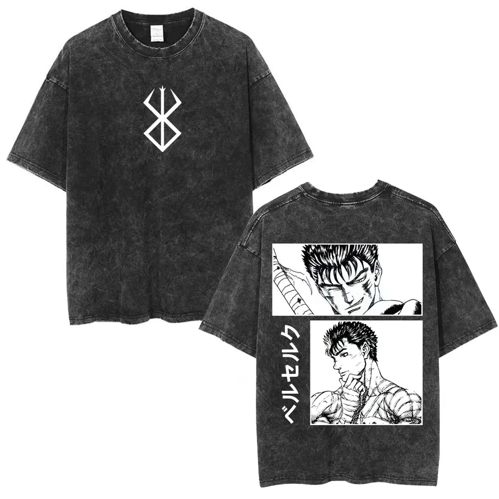 Vintage Washed Anime Berserk Guts T Shirt Swordsman Gatsu Sacrifice Zodd T-shirts Men Women Cotton Casual Oversized T-Shirt Tops