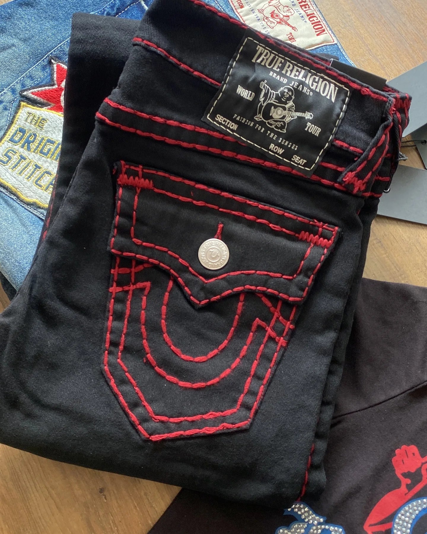 2000s Gothic Vintage Buddha Embroidery Jeans Mens Womens Y2k Streetwear Hip Hop Pocket Baggy Jeans Low Waist Wide Leg Trousers