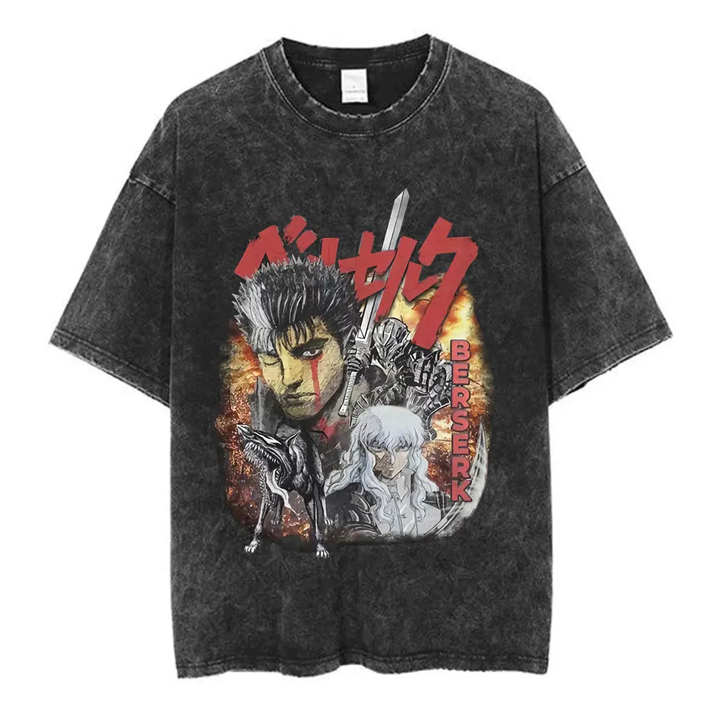 Vintage Washed Anime Berserk Guts T Shirt Swordsman Gatsu Sacrifice Zodd T-shirts Men Women Cotton Casual Oversized T-Shirt Tops