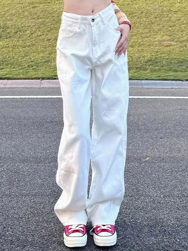 Woman High Waist Wide Leg Jeans Girls Casual Denim Straight Leg Pants Female White Black Blue Light Blue Beige Loose Trousers