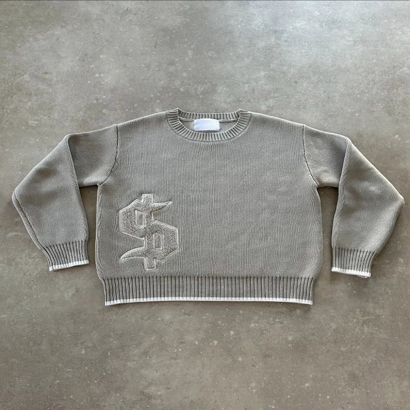 2 pcs Set Y2K Autumn Winter Retro Knitted Sweater Jeans Suit Trendy Hip Hop Dollar Logo Embroidery Streetwear Unisex Baggy Set