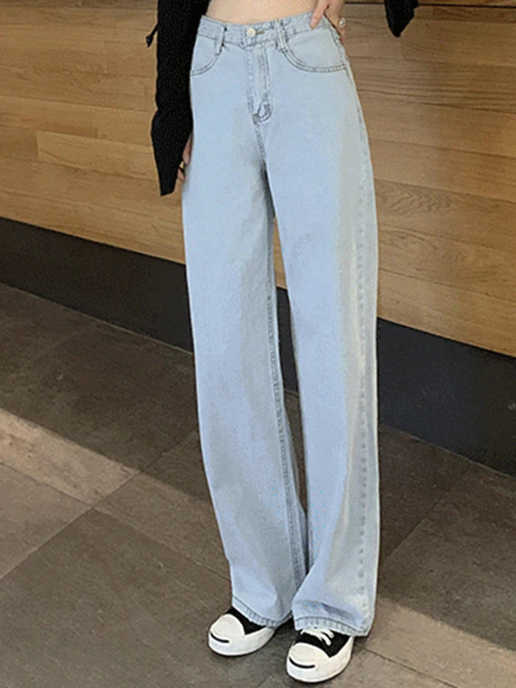 Woman High Waist Wide Leg Jeans Girls Casual Denim Straight Leg Pants Female White Black Blue Light Blue Beige Loose Trousers