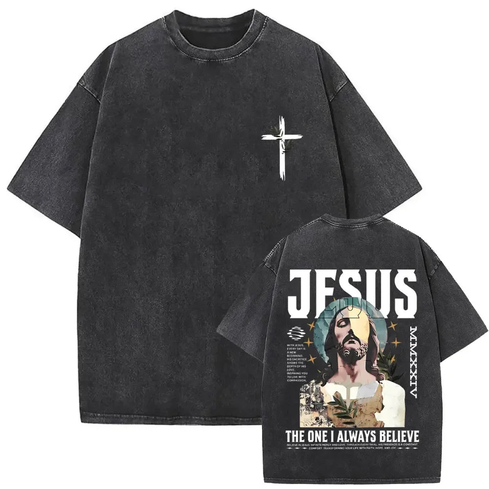 Christian Religious Jesus Forgive Them Father Vintage Washed T-shirt  Men Women Gothic Rock Oversized T Shirts Tops Streetwear