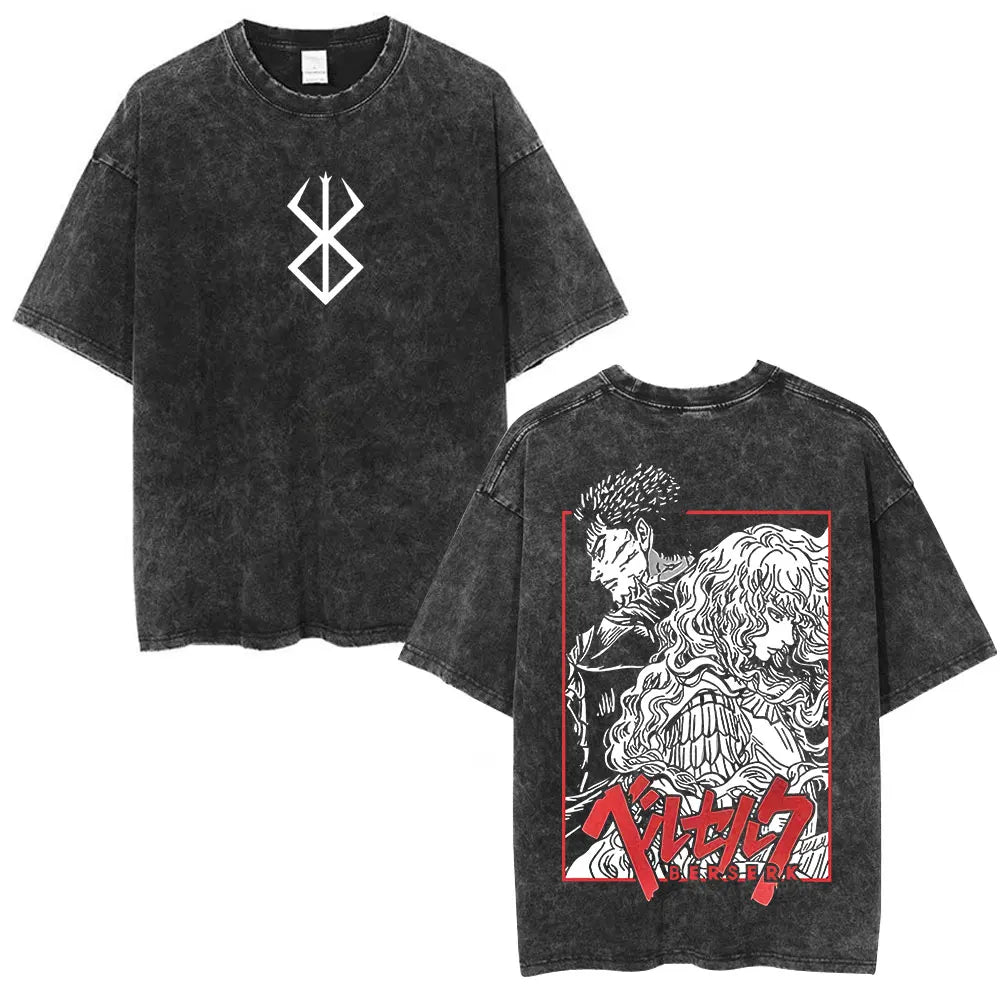 Vintage Washed Anime Berserk Guts T Shirt Swordsman Gatsu Sacrifice Zodd T-shirts Men Women Cotton Casual Oversized T-Shirt Tops