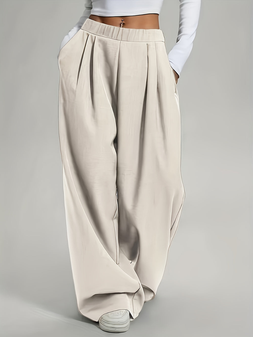 Elegant High-Waist Wide-Leg Pants | Solid Color, Long Length, Elastic Waist, Pocket Details, Suitable for All Seasons and Weekend Casual