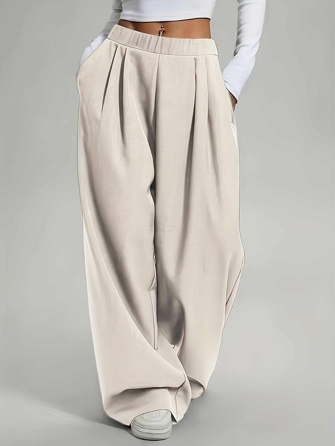 Elegant High-Waist Wide-Leg Pants | Solid Color, Long Length, Elastic Waist, Pocket Details, Suitable for All Seasons and Weekend Casual