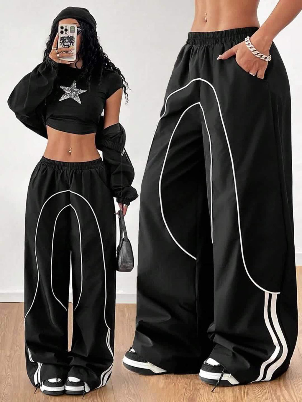 2025 New Fashion for : Back to Braided Belt, Black Wide-Leg Jogging Pants, Celebrity Style Hot Item