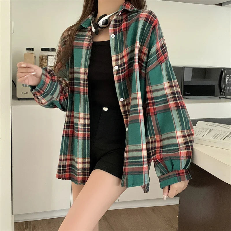 Plaid Shirt Women Fashion Autumn Long Sleeve Top Female Vintage Single Breasted Blouse Ladies Preppy Style Loose Check Shirts