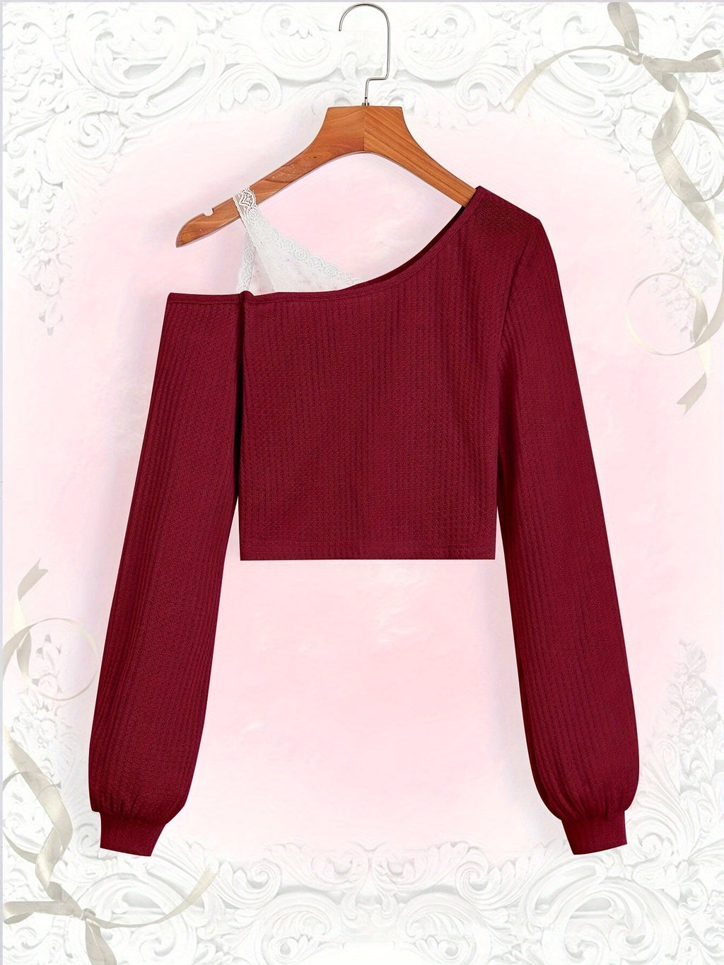 Spring and Autumn Lace Strapless Off-Shoulder Slant Collar T-shirt