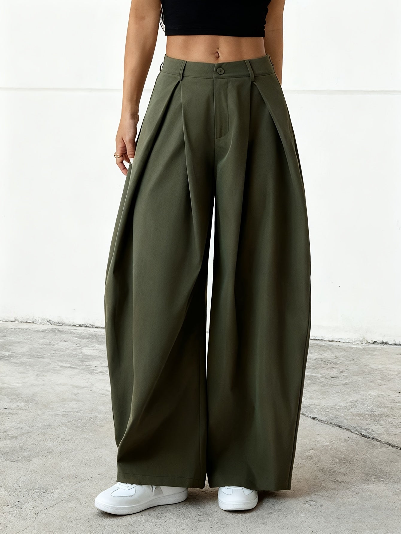 Drapey Loose Fit Wide Leg Trousers Women Mid Rise Pleated Casual Fashion Bottoms for Spring Summer Daily Wear, Office, Travel & Street Style
