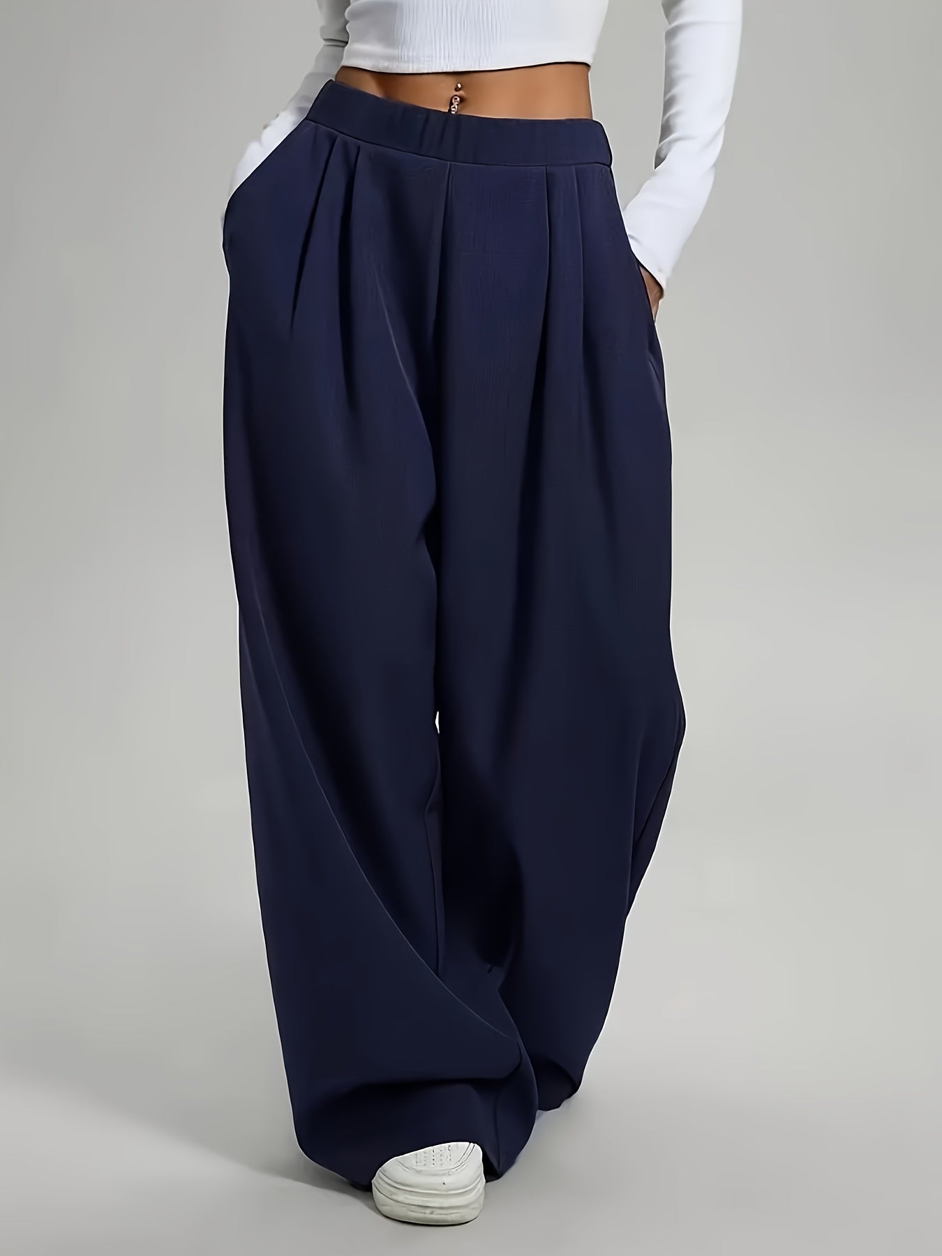 Elegant High-Waist Wide-Leg Pants | Solid Color, Long Length, Elastic Waist, Pocket Details, Suitable for All Seasons and Weekend Casual
