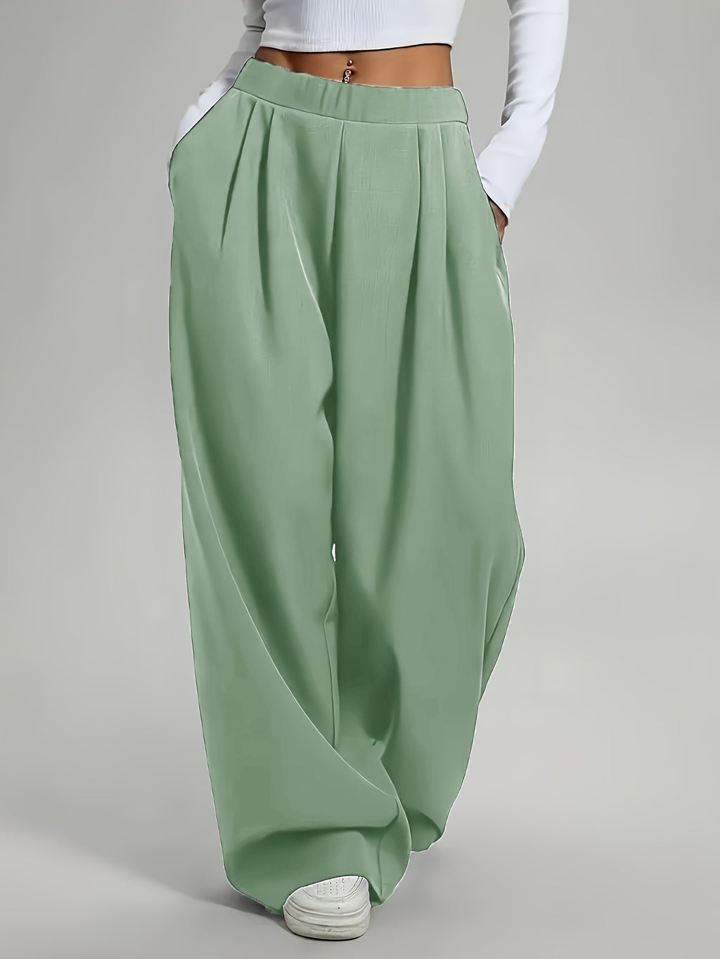 Elegant High-Waist Wide-Leg Pants | Solid Color, Long Length, Elastic Waist, Pocket Details, Suitable for All Seasons and Weekend Casual