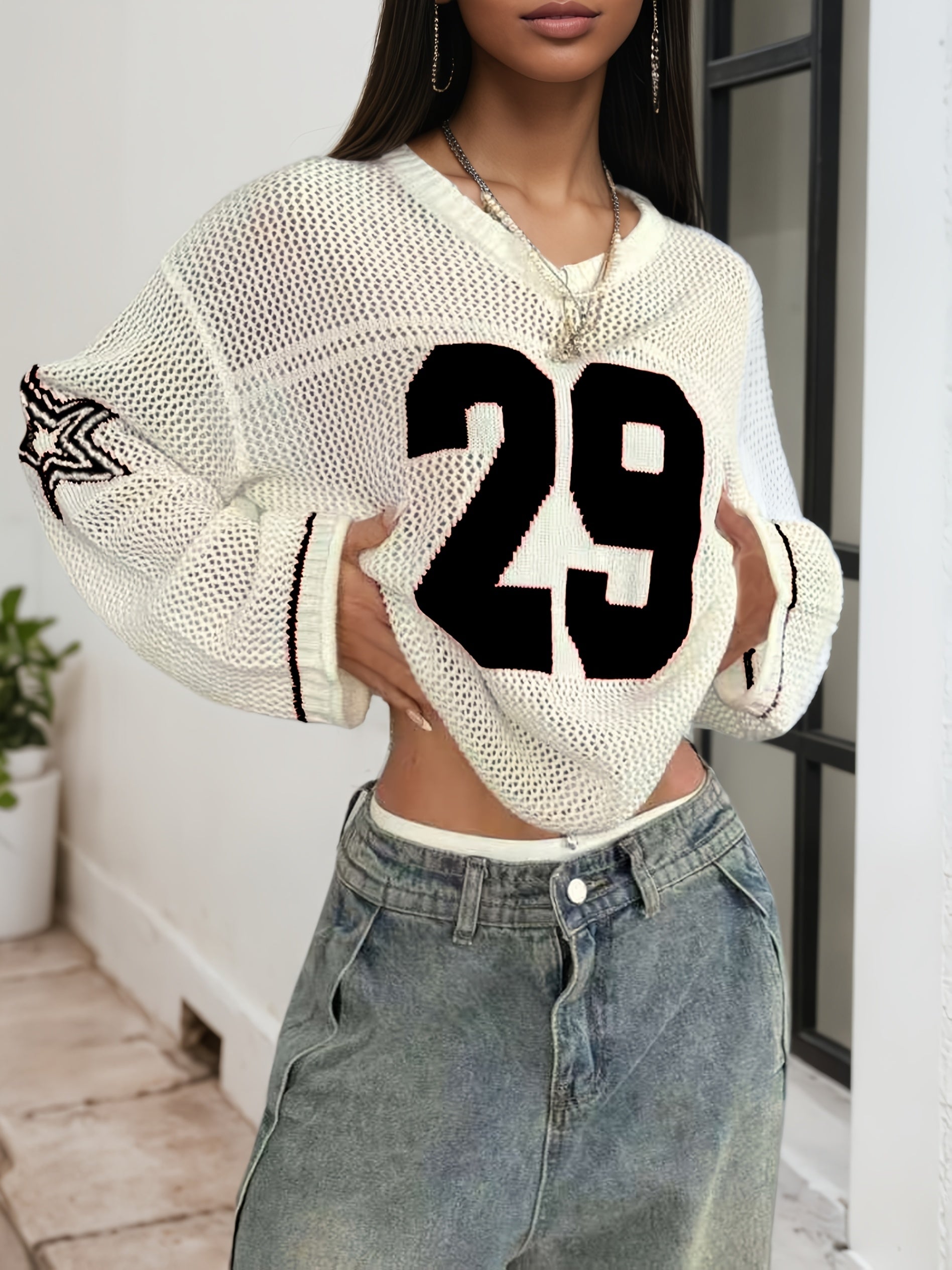 Women's Pullover V-neck Long-sleeve Shirt; 29 Letters