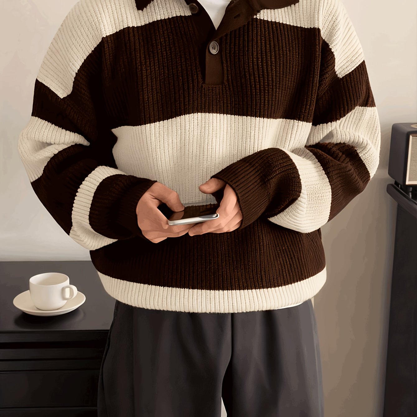 Men's American Street Korean Business Commuter Trendy Casual Versatile Striped Collar Pullover Knit Sweater