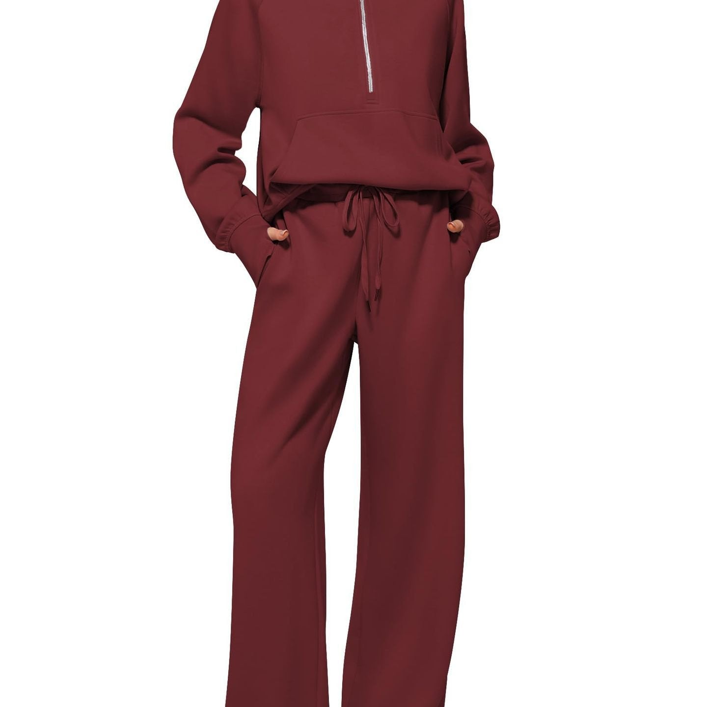 2pcss Women'S Oversized Half-Zip Sweatshirt and Wide Leg Sweatpants Set | Trendy 2pcss Matching Set, Chic Spring Sporty Outfits, Long Sleeve, Stand Collar, Pocket Details, Solid Color, Slight Stretch Fabric