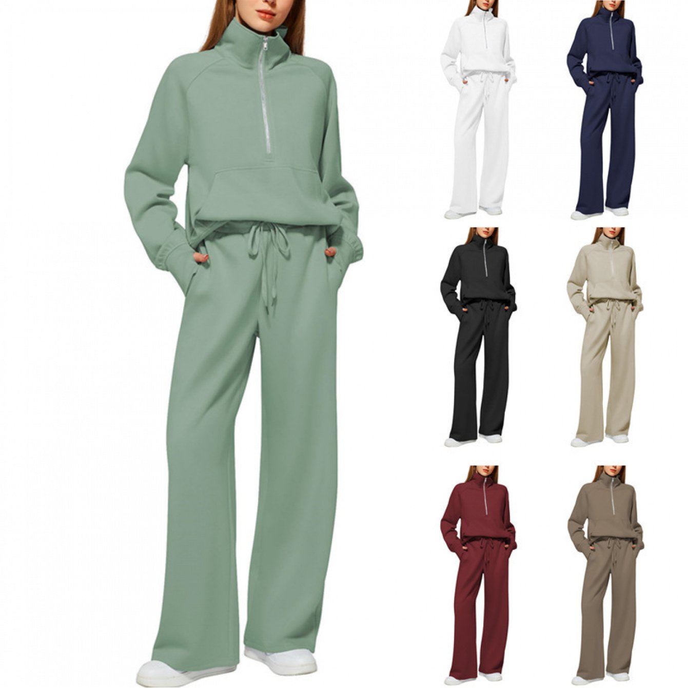 2pcss Women'S Oversized Half-Zip Sweatshirt and Wide Leg Sweatpants Set | Trendy 2pcss Matching Set, Chic Spring Sporty Outfits, Long Sleeve, Stand Collar, Pocket Details, Solid Color, Slight Stretch Fabric