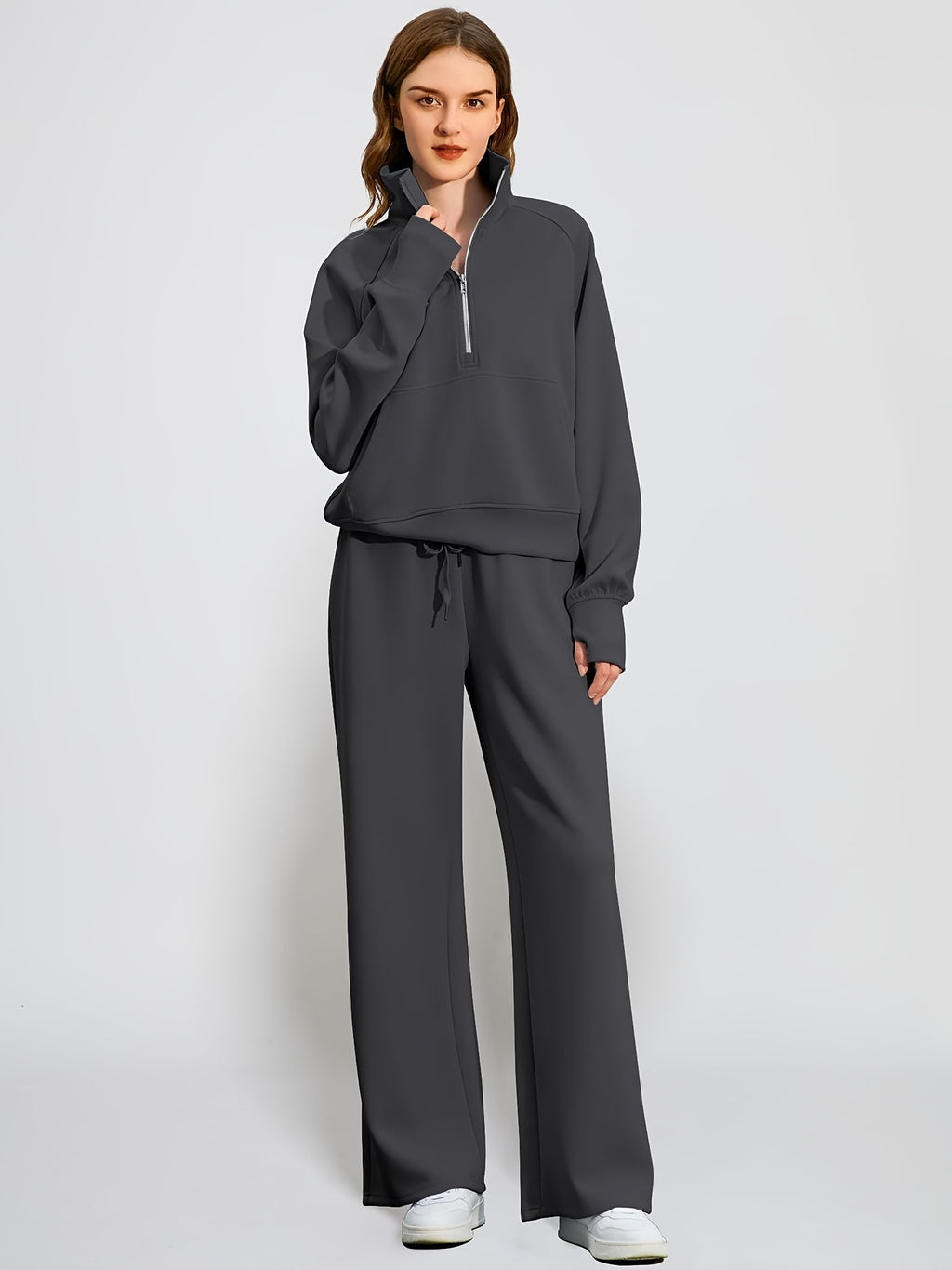 2pcss Women'S Oversized Half-Zip Sweatshirt and Wide Leg Sweatpants Set | Trendy 2pcss Matching Set, Chic Spring Sporty Outfits, Long Sleeve, Stand Collar, Pocket Details, Solid Color, Slight Stretch Fabric