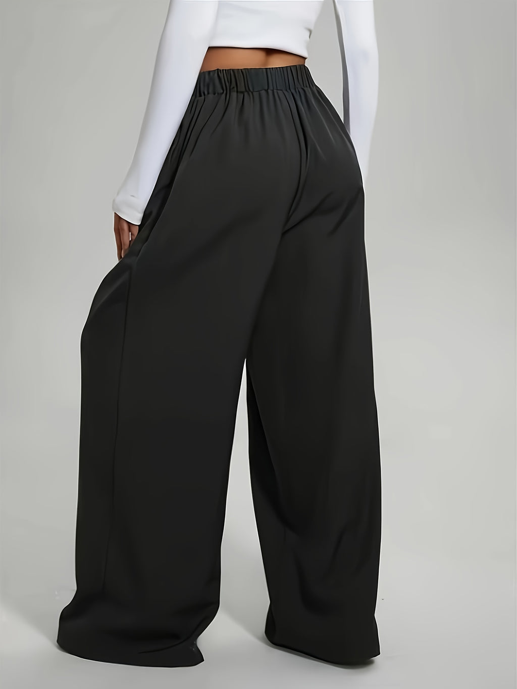 Elegant High-Waist Wide-Leg Pants | Solid Color, Long Length, Elastic Waist, Pocket Details, Suitable for All Seasons and Weekend Casual
