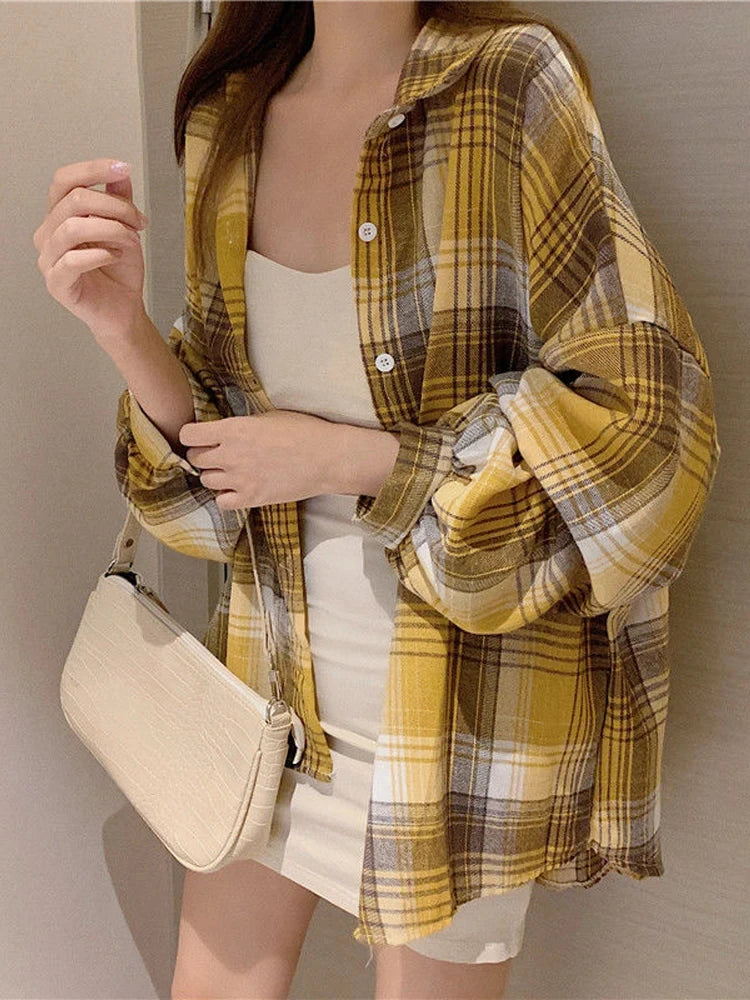 Plaid Shirt Women Fashion Autumn Long Sleeve Top Female Vintage Single Breasted Blouse Ladies Preppy Style Loose Check Shirts