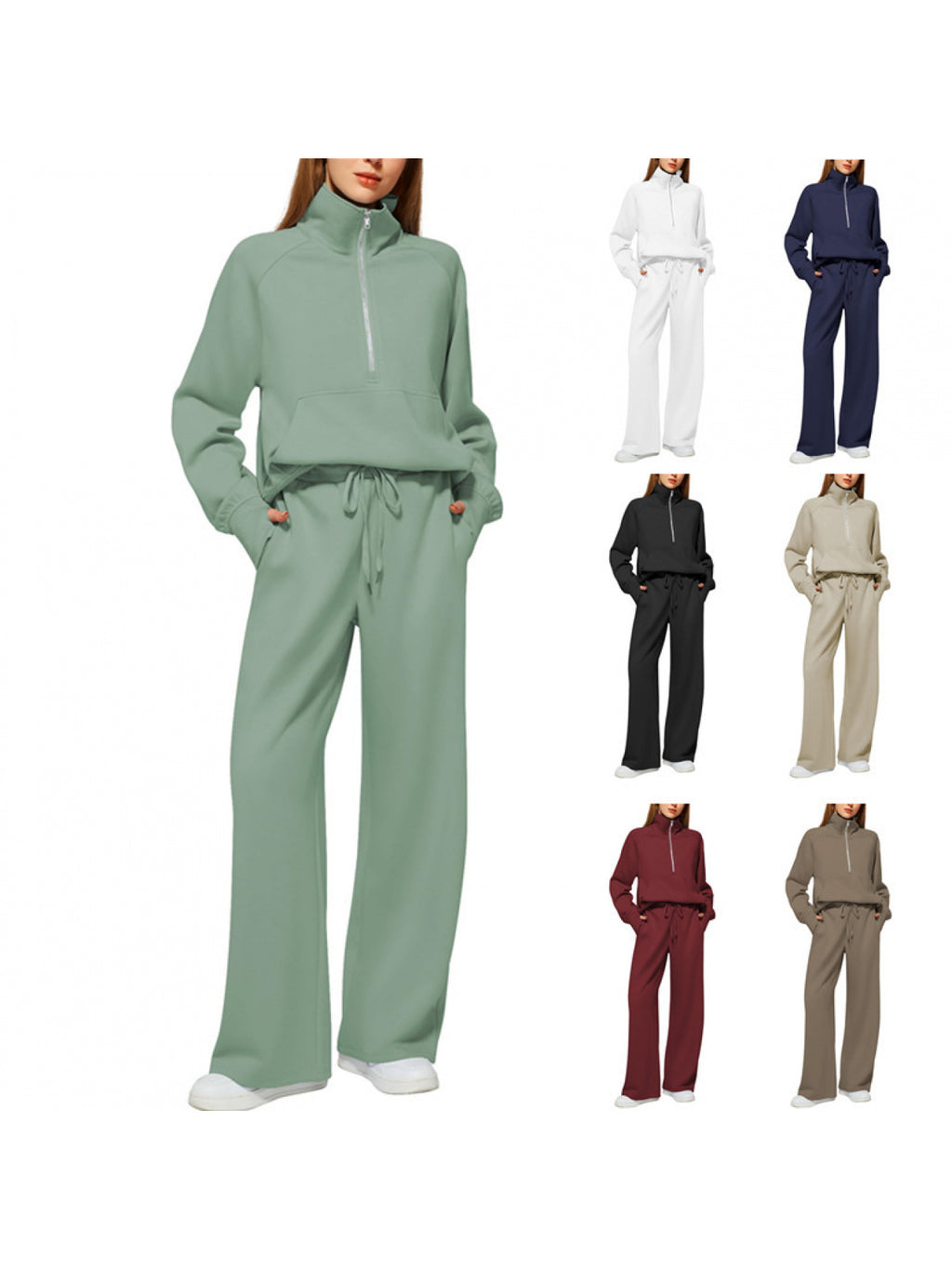 2pcss Women'S Oversized Half-Zip Sweatshirt and Wide Leg Sweatpants Set | Trendy 2pcss Matching Set, Chic Spring Sporty Outfits, Long Sleeve, Stand Collar, Pocket Details, Solid Color, Slight Stretch Fabric