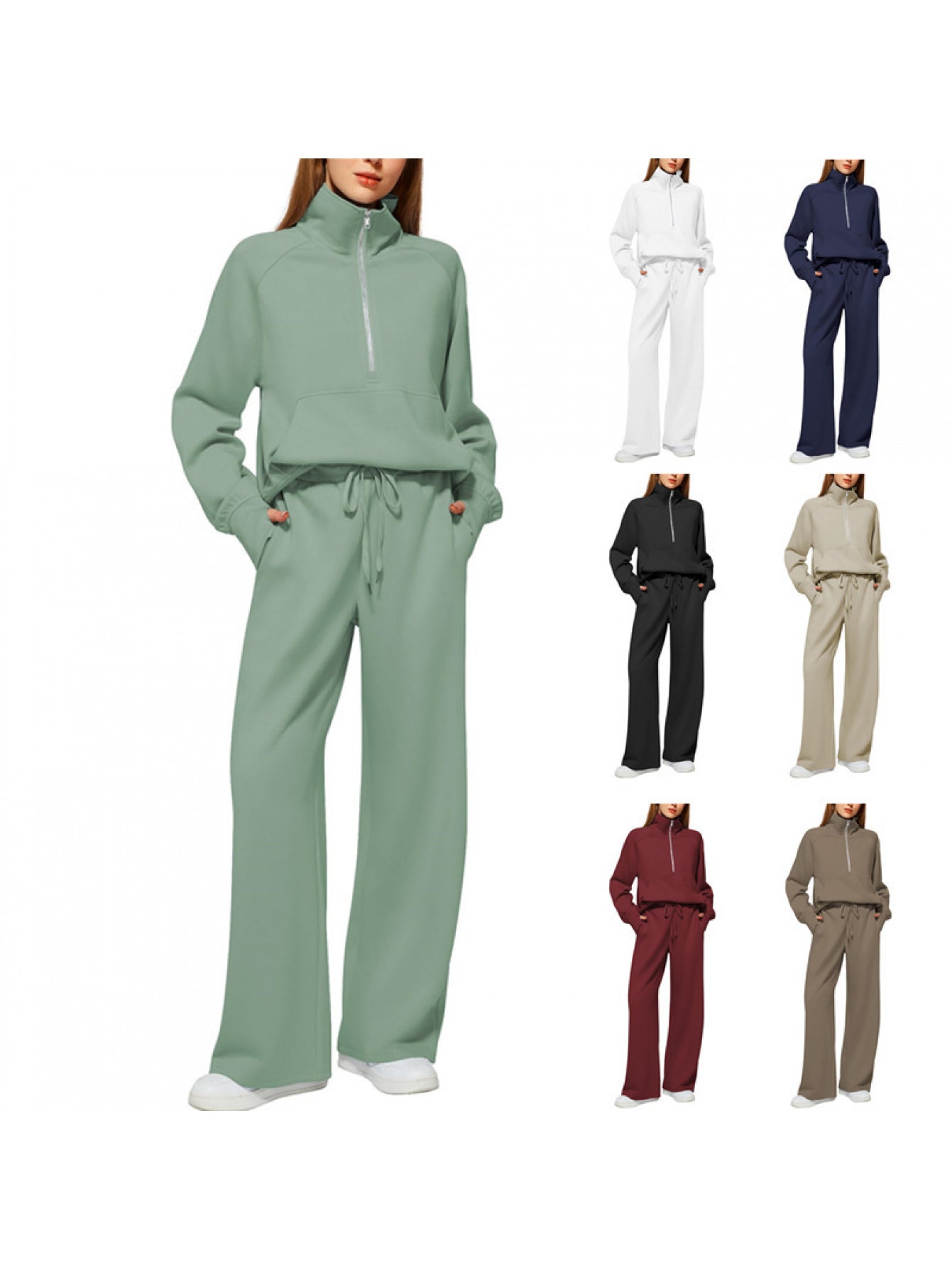 2pcss Women'S Oversized Half-Zip Sweatshirt and Wide Leg Sweatpants Set | Trendy 2pcss Matching Set, Chic Spring Sporty Outfits, Long Sleeve, Stand Collar, Pocket Details, Solid Color, Slight Stretch Fabric