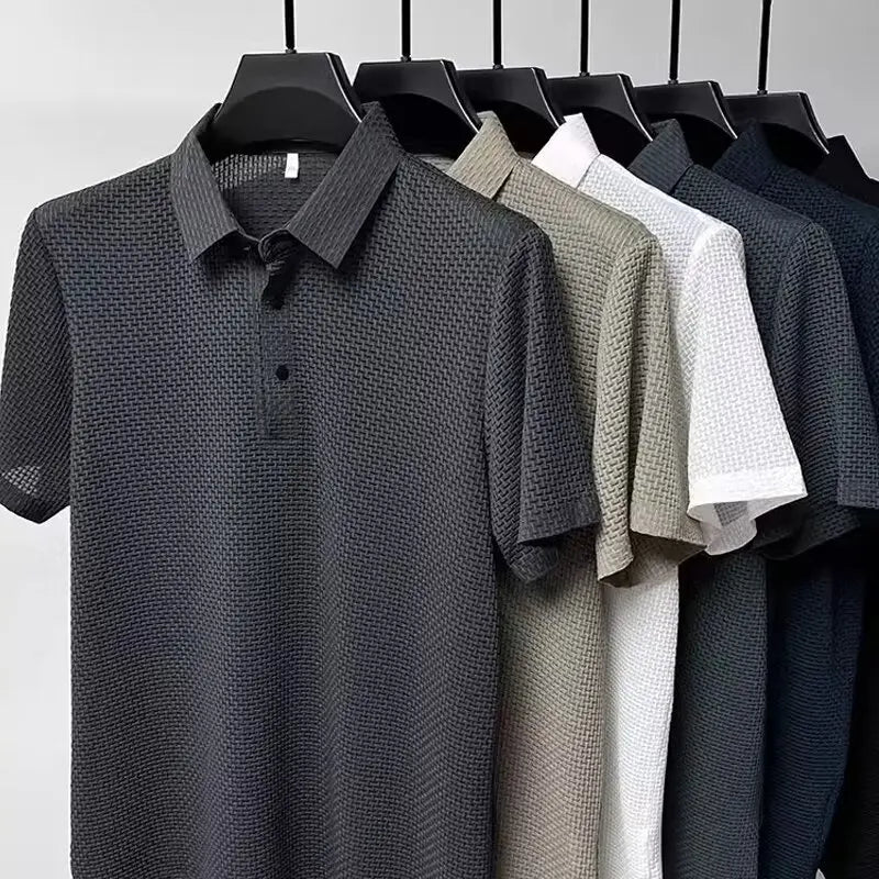 New Men's Business Casual Short Sleeved Bone Flower Solid Color POLO Shirt Fashion Breathable Comfortable Summer Versatile Top