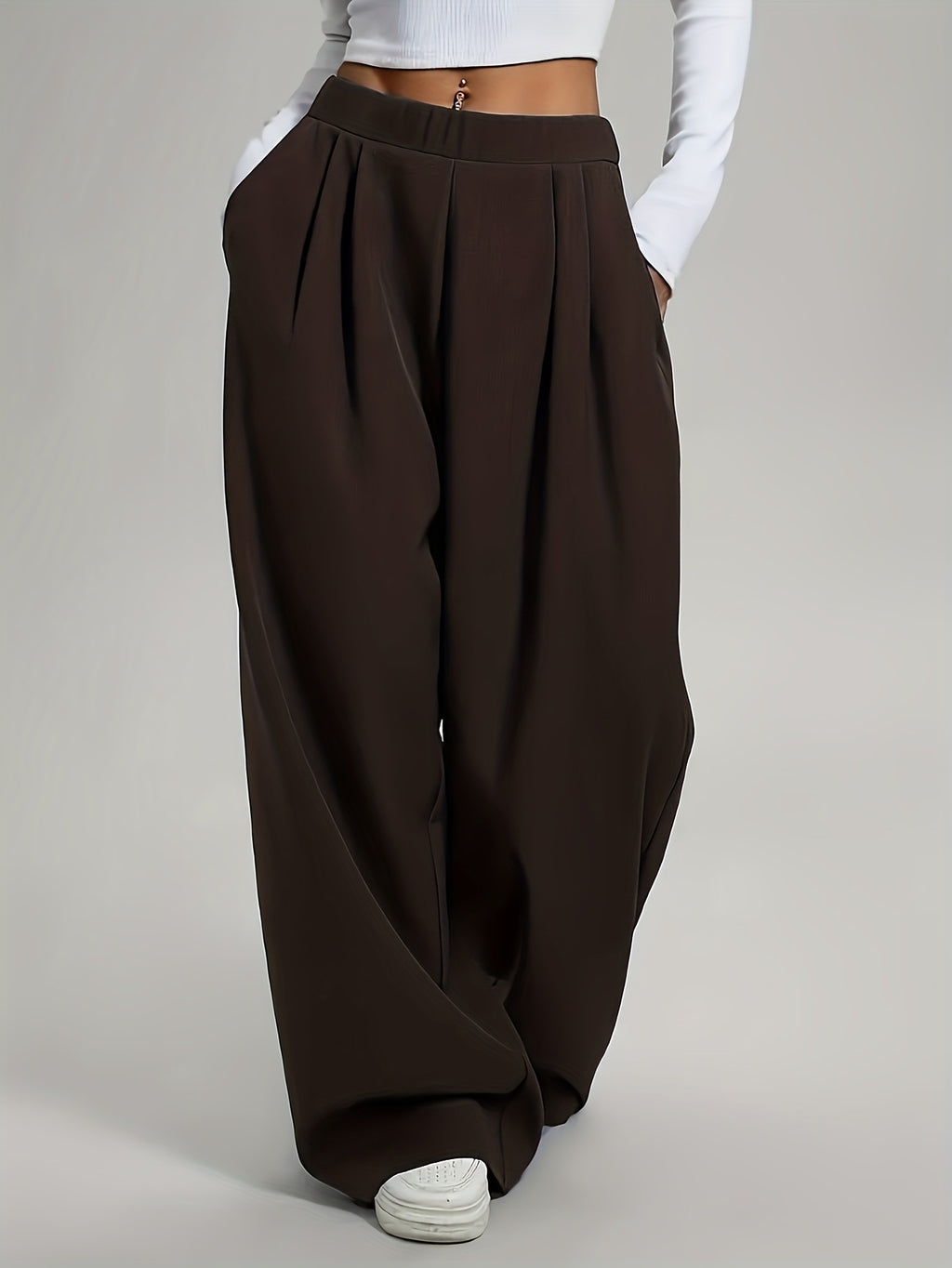 Elegant High-Waist Wide-Leg Pants | Solid Color, Long Length, Elastic Waist, Pocket Details, Suitable for All Seasons and Weekend Casual