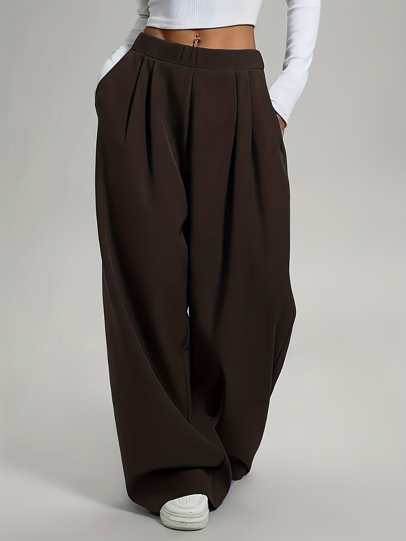 Elegant High-Waist Wide-Leg Pants | Solid Color, Long Length, Elastic Waist, Pocket Details, Suitable for All Seasons and Weekend Casual